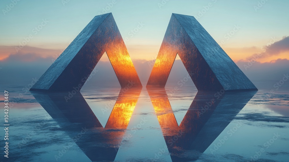 Poster Two large, triangular concrete structures stand in calm water, reflecting the soft colors of dawn. The glowing edges create a mesmerizing visual in a tranquil setting.
