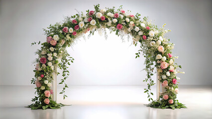 Beautiful wedding flower arch isolated on white background, free space for copy, festive atmosphere