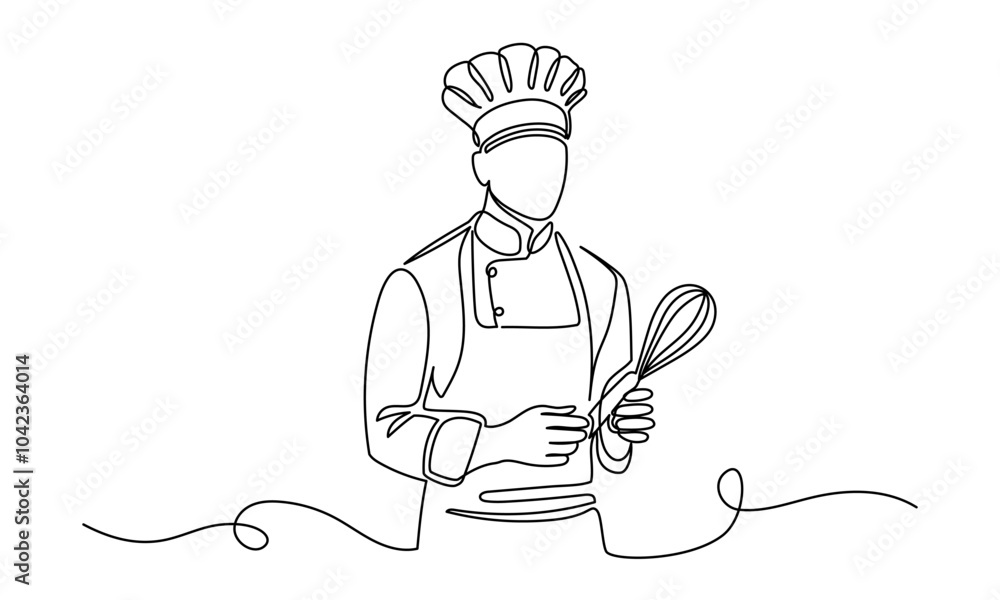 Poster Male chef in one continuous line drawing. Cook in uniform working in kitchen in simple linear style. Symbol of food and restaurant in editable stroke. Doodle outline vector illustration