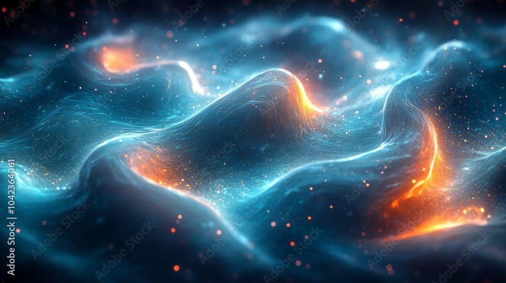 Poster Glowing waves ripple across a dark background, illuminated by vibrant orange and blue hues. Tiny sparkles add to the cosmic atmosphere, creating a captivating visual experience.