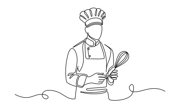 recommend clip art: Male chef in one continuous line drawing. Cook in uniform working in kitchen in simple linear style. Symbol of food and restaurant in editable stroke. Doodle outline vector illustration