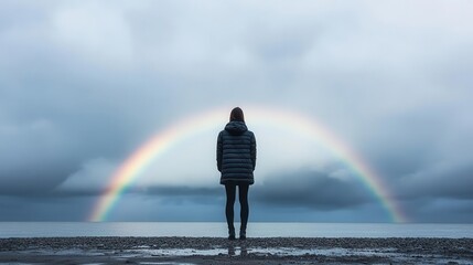 A person standing under a rainbow, symbolizing the promise of hope after a storm, rainbow promise, symbol of hope © Peter@studio5
