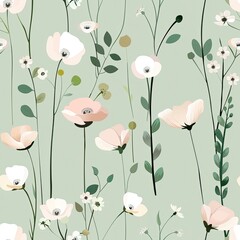 Delicate floral pattern featuring soft blooms on a muted green background, ideal for fabric or wallpaper designs