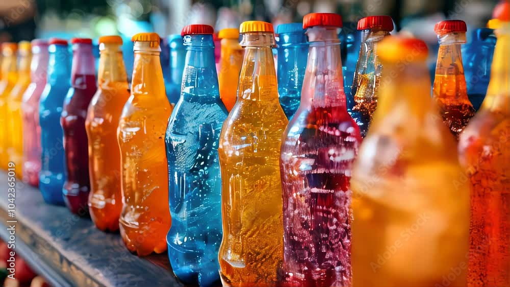 Poster a close-up view of colorful soda bottles in a row on a shelf. the background is blurred, highlightin