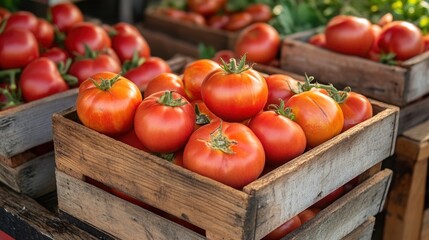 Freshly harvested organic tomatoes in wooden crates at a local farm market showcasing summer produce abundance
