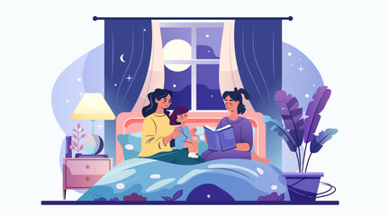 Family bedtime story mother child reading cozy bedroom night scene moonlight plants