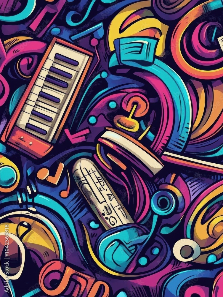 Poster A lively arrangement of music-themed doodles features various instruments, notes, and sound waves, creating an energetic atmosphere. Generative AI