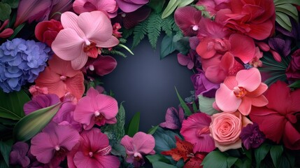 Vibrant floral arrangement with orchids and roses framing a dark center, AI