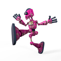 rusty cartoon robot is walking in white background on side view