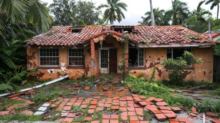 Obraz premium a residential home with severe roof damage from a hurricane, large sections of the roof missing, with broken tile