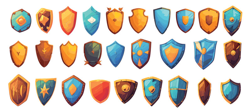 Cartoon medieval shields set. Fantasy game metal wooden knight shield viking warrior armor vector illustration