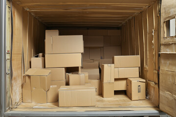 Transporting Goods: Cardboard Cargo Securely Stored in Truck Trailer