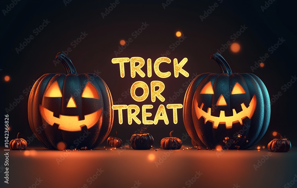 Wall mural halloween pumpkins with scary faces and trick or treat text carved into. 3d