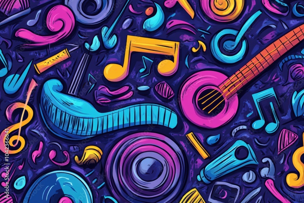 Poster colorful doodles of musical instruments, notes, and sound waves create an engaging and lively atmosp