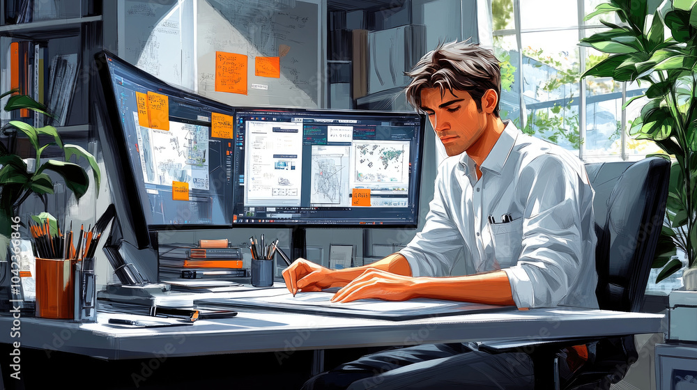 Poster a young man intensely designs on paper while surrounded by technology in a well-lit workspace filled
