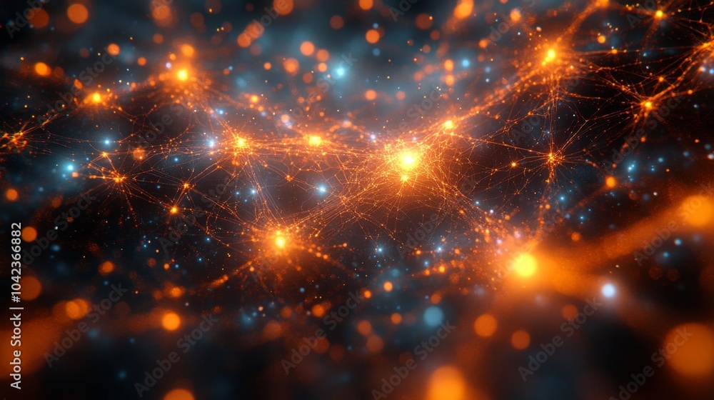 Poster This visual showcases a dynamic network of glowing orange and blue connections, symbolizing neural pathways and data interactions in a digital landscape.