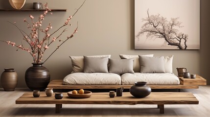 A minimalist Japandi living room showcasing natural elements and a calm palette, providing an elegant backdrop for design inspiration.