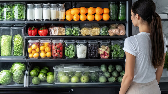 A woman stands in front of a neatly arranged refrigerator showcasing a variety of fresh produce, dairy, and packaged foods in a sleek kitchen