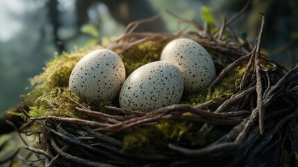 Obraz premium A close-up of speckled Easter eggs resting in a nest made of twigs and soft moss