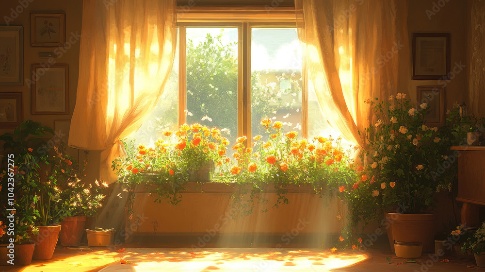 Poster sunlight streams through a window adorned with vibrant flowers, creating a serene and inviting atmos