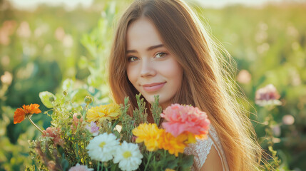 Naklejka premium Girl with Long Hair Holding a Vibrant Bouquet of Flowers