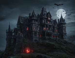 Obraz premium Eerie Gothic Mansion Under Moonlight with Bats Flying Around. Generated AI.