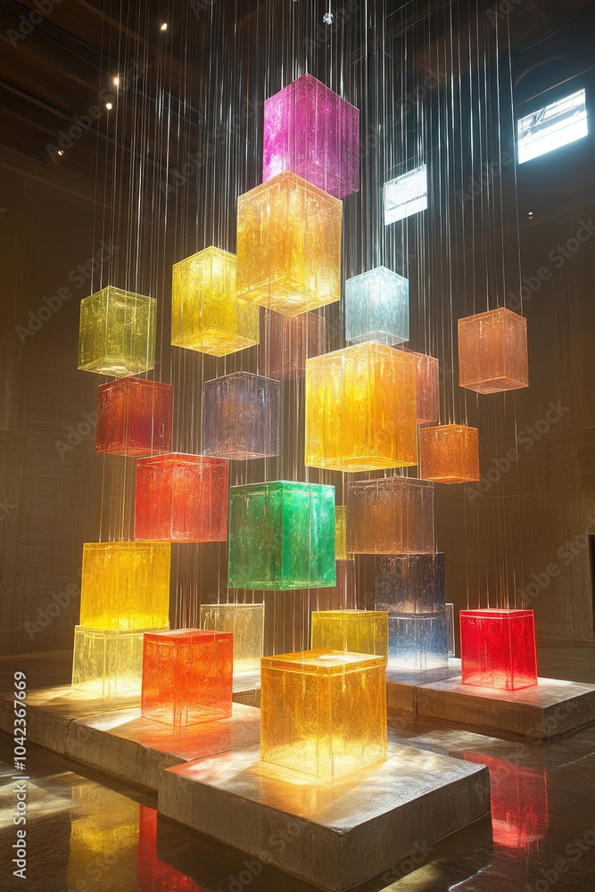 Poster vibrant translucent cubes hang from above, casting colorful reflections on the gallery floor as natu