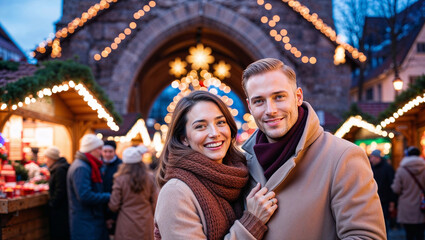 Fototapeta premium Bellissima coppia di fidanzati in visita ai mercatini di Natale