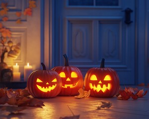 Obraz premium Halloween carved pumpkins with candles in spooky abandoned house