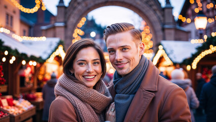 Fototapeta premium Bellissima coppia di fidanzati in visita ai mercatini di Natale