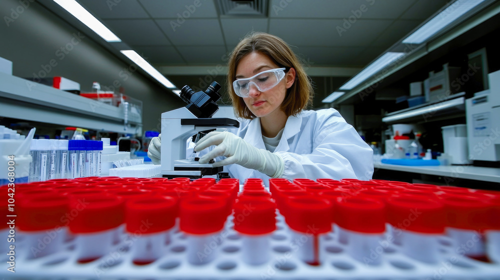Aufkleber a researcher in a lab coat examines test tubes while using a microscope in a well-equipped research 