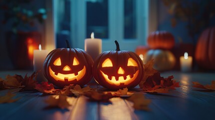 Halloween carved pumpkins with candles in spooky abandoned house