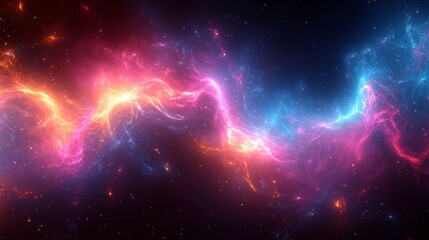 A striking cosmic nebula showcases swirling patterns of pink, blue, and orange gases illuminating the darkness of space, highlighting its ethereal beauty.