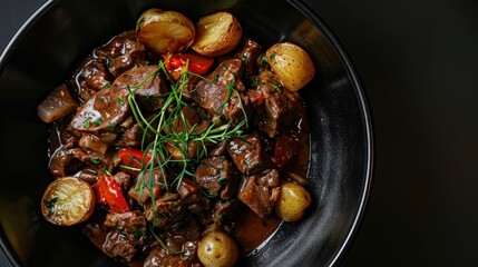 Fototapeta premium Gourmet Beef Stew with Roasted Potatoes on Dark Background 