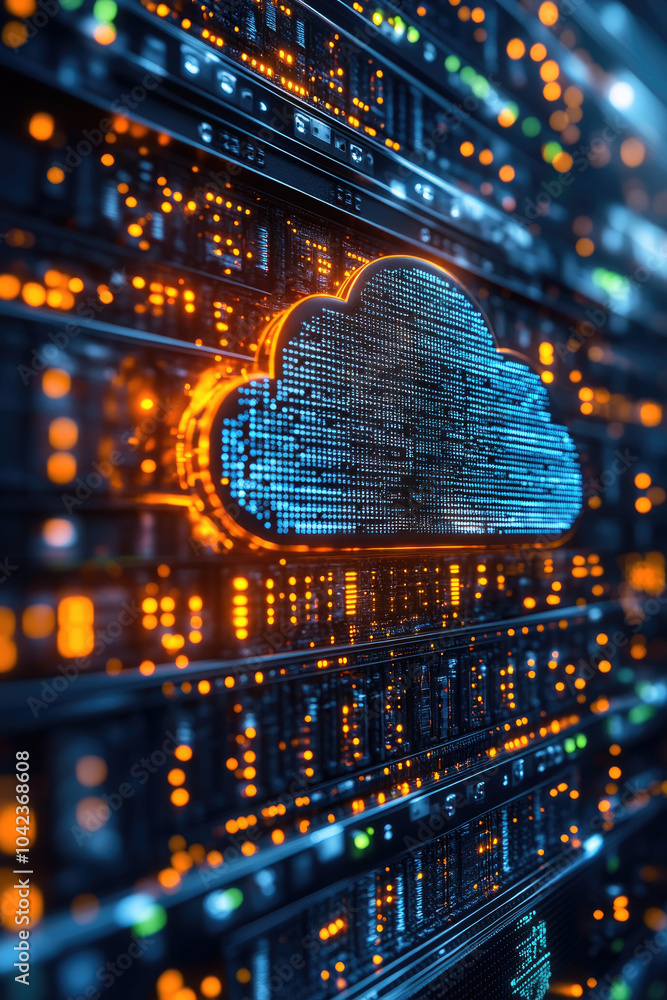 Aufkleber a dynamic display of a data center featuring bright lights and a cloud symbol, illustrating the esse