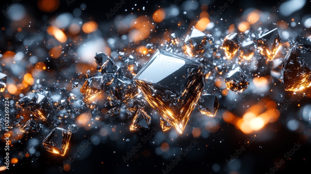 Aufkleber Floating crystalline shapes are illuminated by radiant orange lights against a dark backdrop, creating a captivating and dynamic visual effect.