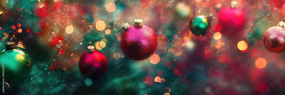 Poster colorful christmas ornaments hang surrounded by a blur of glowing lights, creating a magical and fes