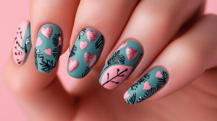 Colorful nail art displays various heart icons and botanical themes, showcasing creativity and style. Vibrant nail art with heart icons and botanical patterns.