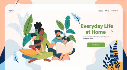 Family reading together at home scene with parents and children surrounded by plants colorful background landing page design template