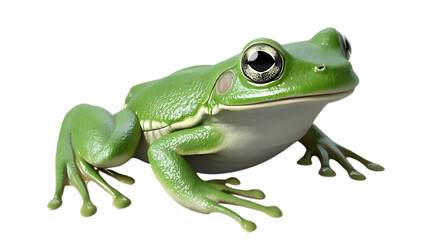 Obraz premium Green Tree Frog with Big Eyes: A vibrant green tree frog with large, expressive eyes, captured in a 3D rendering with intricate detail. The frog's pose and gaze create a sense of curiosity and wonder.