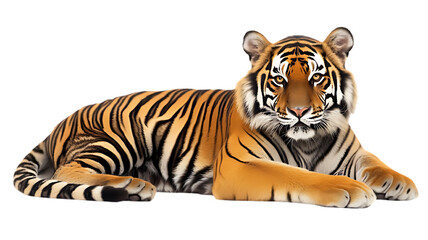 Obraz premium Majestic Tiger: A powerful and imposing tiger, lying in wait, with a gaze that commands attention, showcasing the raw beauty and strength of this magnificent creature.