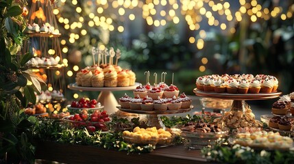 A delightful dessert table adorned with an array of treats and festive decorations in a garden setting