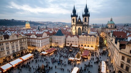 Obraz premium Experience the enchanting atmosphere of Old Town Square during Christmas, with vibrant markets and a cathedral backdrop