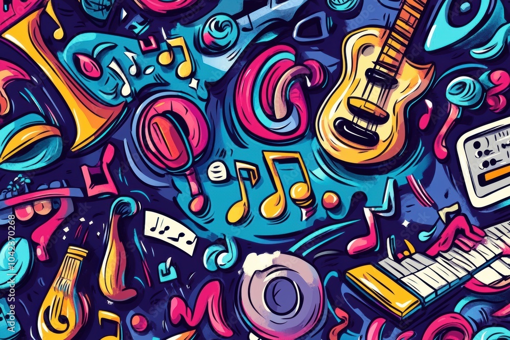 Poster A vibrant pattern showcases an array of musical instruments, notes, and sound waves, highlighting creativity and artistic expression in music. Generative AI