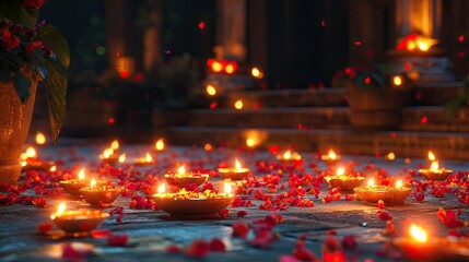 Obraz premium A festive courtyard filled with glowing diyas and flower petals, radiating happiness and celebration