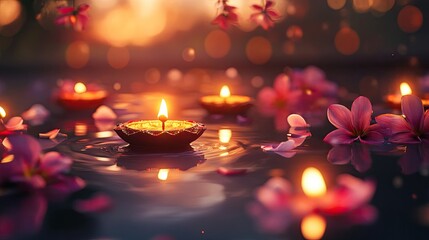 A festive Diwali poster with floating diyas on water, surrounded by delicate flower petals and warm light
