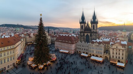 Fototapeta premium Experience the enchanting atmosphere of Old Town Square during Christmas, with vibrant markets and a cathedral backdrop