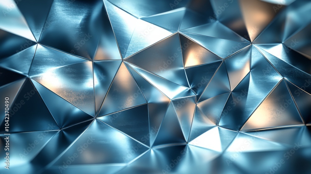 Poster Geometric metallic shapes reflect soft illumination, creating an intriguing texture and depth. This contemporary backdrop showcases dynamic light interplay against angular surfaces.