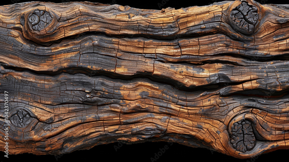 Poster a close-up view of a log displaying a unique texture with charred areas and intricate natural patter