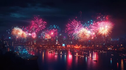 Obraz premium A festive scene of colorful fireworks bursting over a city skyline, celebrating the spirit of Diwali